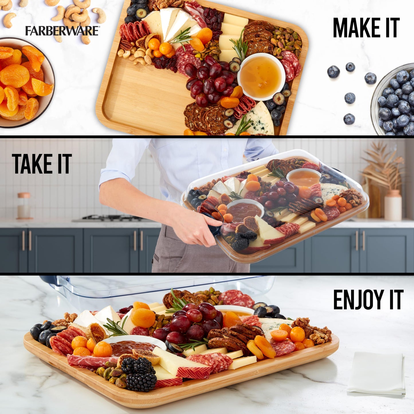 FARBERWARE Build-A-Board Bamboo Cutting Board with Built-in Compartments, Clear Locking Lid & Navy Handles, Ideal for Charcuterie, Snacks & Prep