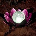 MooneLit Creations MCSLOTUS-V Violet Lotus Flower Solar LED Garden Light with Crackled Glass Globe - Waterproof Metal Outdoor Décor