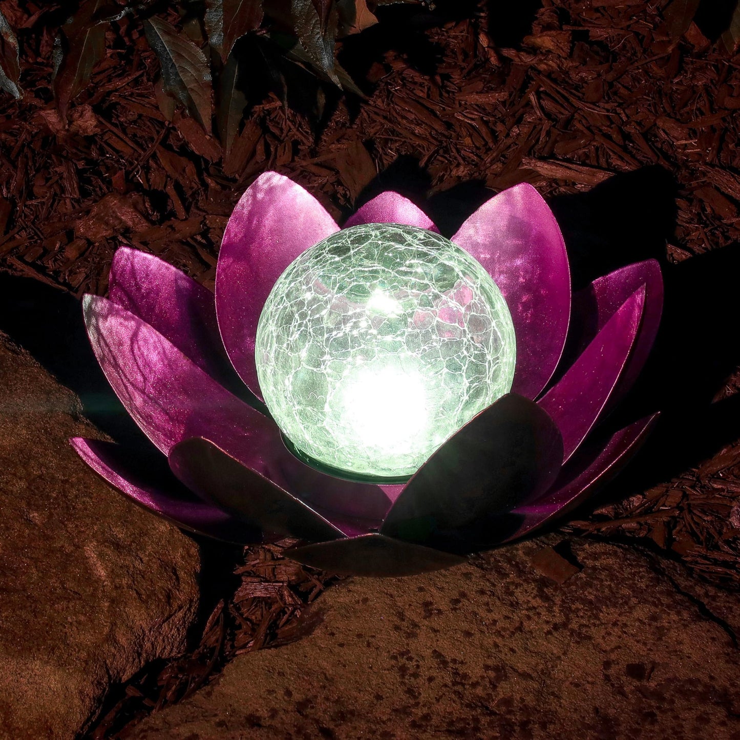MooneLit Creations MCSLOTUS-V Violet Lotus Flower Solar LED Garden Light with Crackled Glass Globe - Waterproof Metal Outdoor Décor