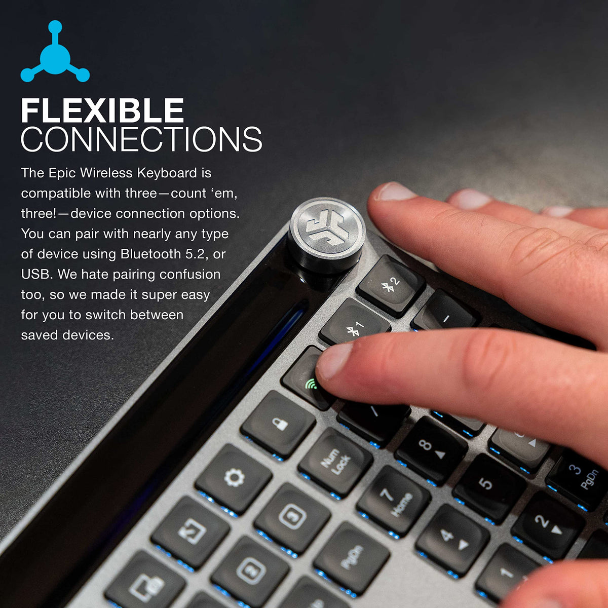JLab, Epic, Wireless Keyboard, Bluetooth 5.2, USB Dongle, Multi-Device, Backlit, 108 Keys, Black