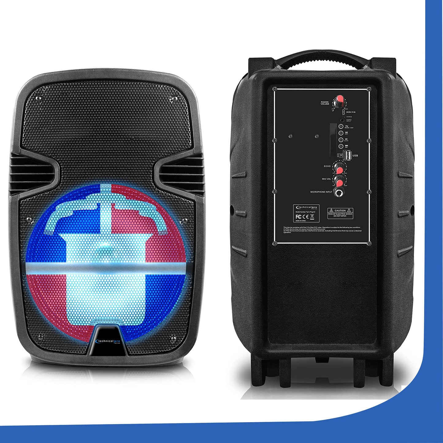 Technical Pro 2000 Watts Rechargeable 12 Inch Dominican Republic Bluetooth LED Speaker with USB/SD Card Inputs, Top Carry Handle for Home, Party