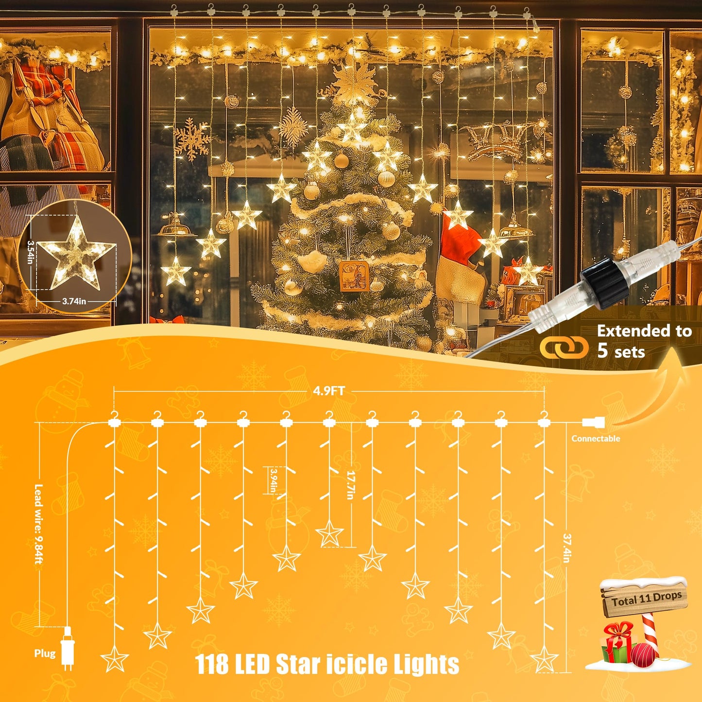 YOUNGAR Stars Icicle Lights,Younger Stars Curtain Lights,11.5ft 118LED Hanging Lights for Home Bedroom Ceiling, Warm White Lights Decor for Wall