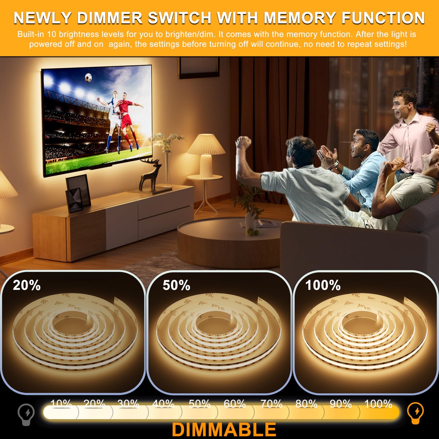 PAUTIX COB LED Strip Lights 5V USB Powered Dotless Super Bright Dimmable LED Lights 3000K Warm White 6.56ft TV Backlights,Flexible 3M Adhesive Under