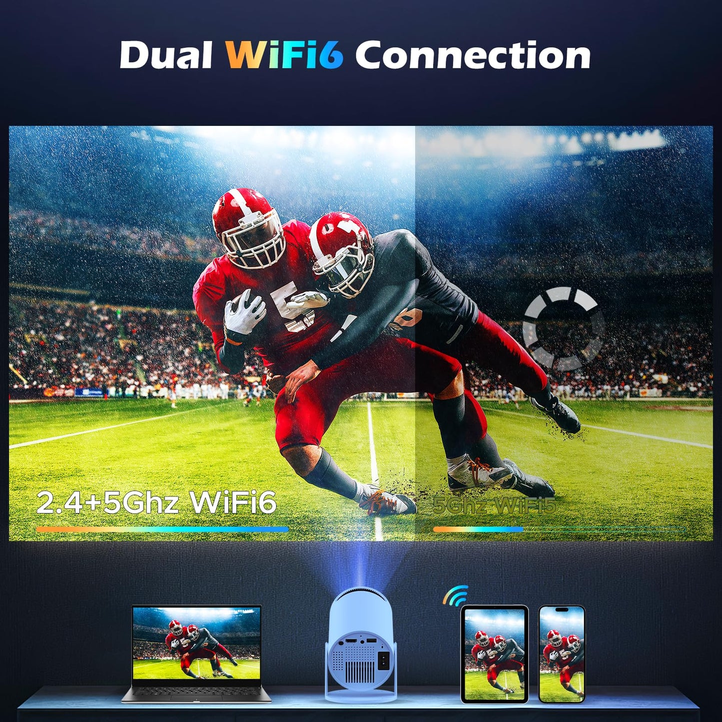 Mini Projector with WiFi and Bluetooth, 4K Projector, Portable Projector for Bedroom, Smart Projector of 270° Rotatable 130'' Projector Screen