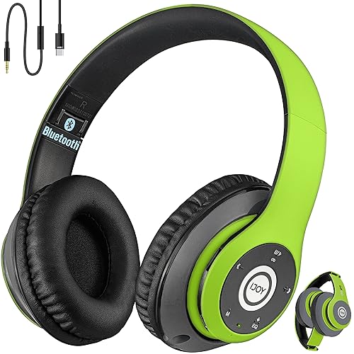 iJoy Bluetooth Headphones Over Ear, Wireless and Wired Foldable Headset Built-in Microphone, FM, Micro SD Card Slot - (Green) Adults Kids Men Women