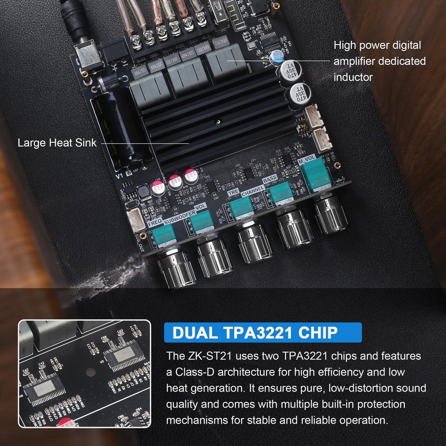 ZK-ST21 100Wx2+200W 2.1Channel Bluetooth Amplifier Board with Subwoofer, TPA3221 Chip, Bass/Treble Control, Bluetooth/AUX/USB Input, 12-30V Wide