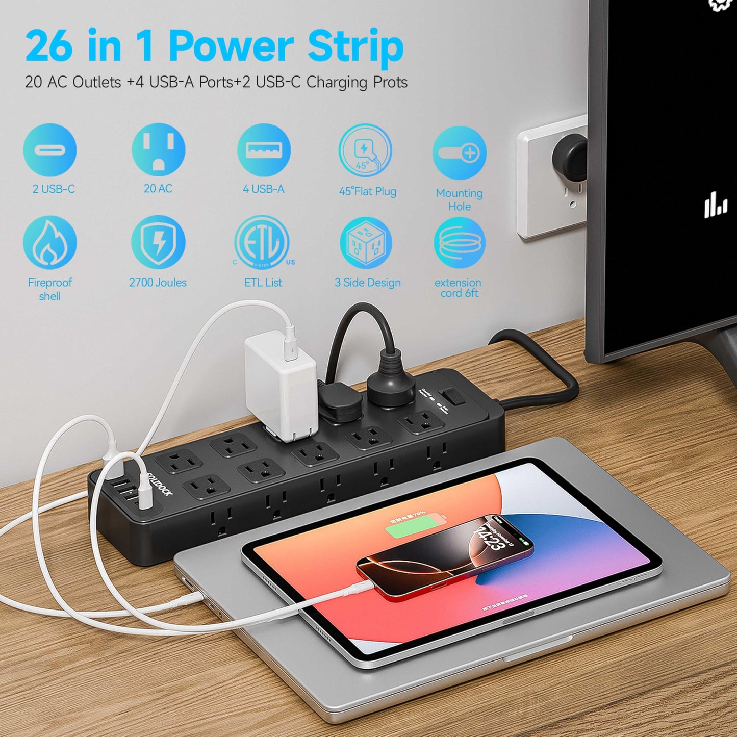 Solidock Flat Plug Power Strip Extension Cord with Multiple Outlets: 20 AC Outlets and 6 USB Ports (2 USB C) Surge Protector, 6Ft, 1875W/15A, 2700