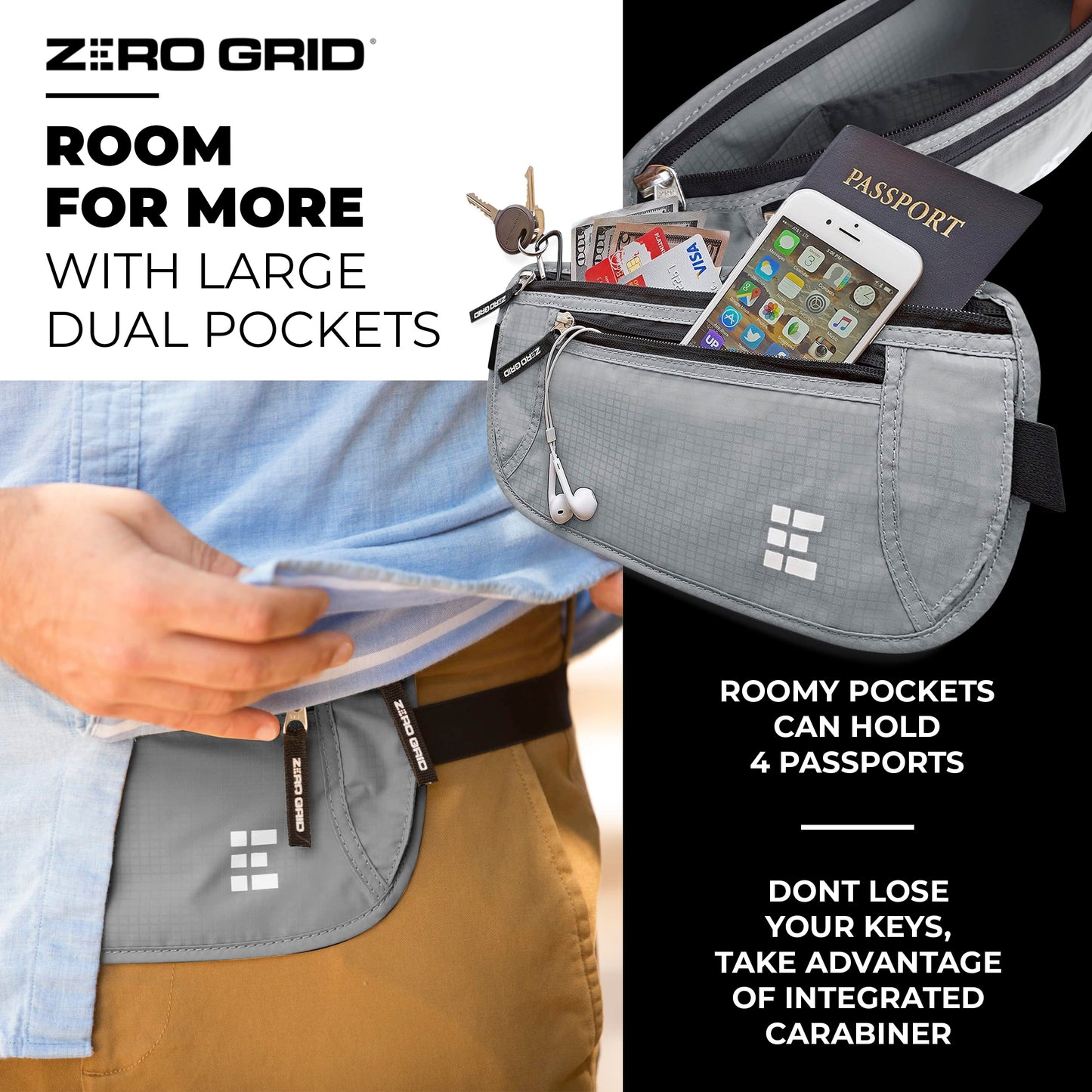 RFID Blocking Money Belt – Slim Hidden Travel Waist Pouch & Passport Holder for Cash, Cards & Documents, Water-Resistant