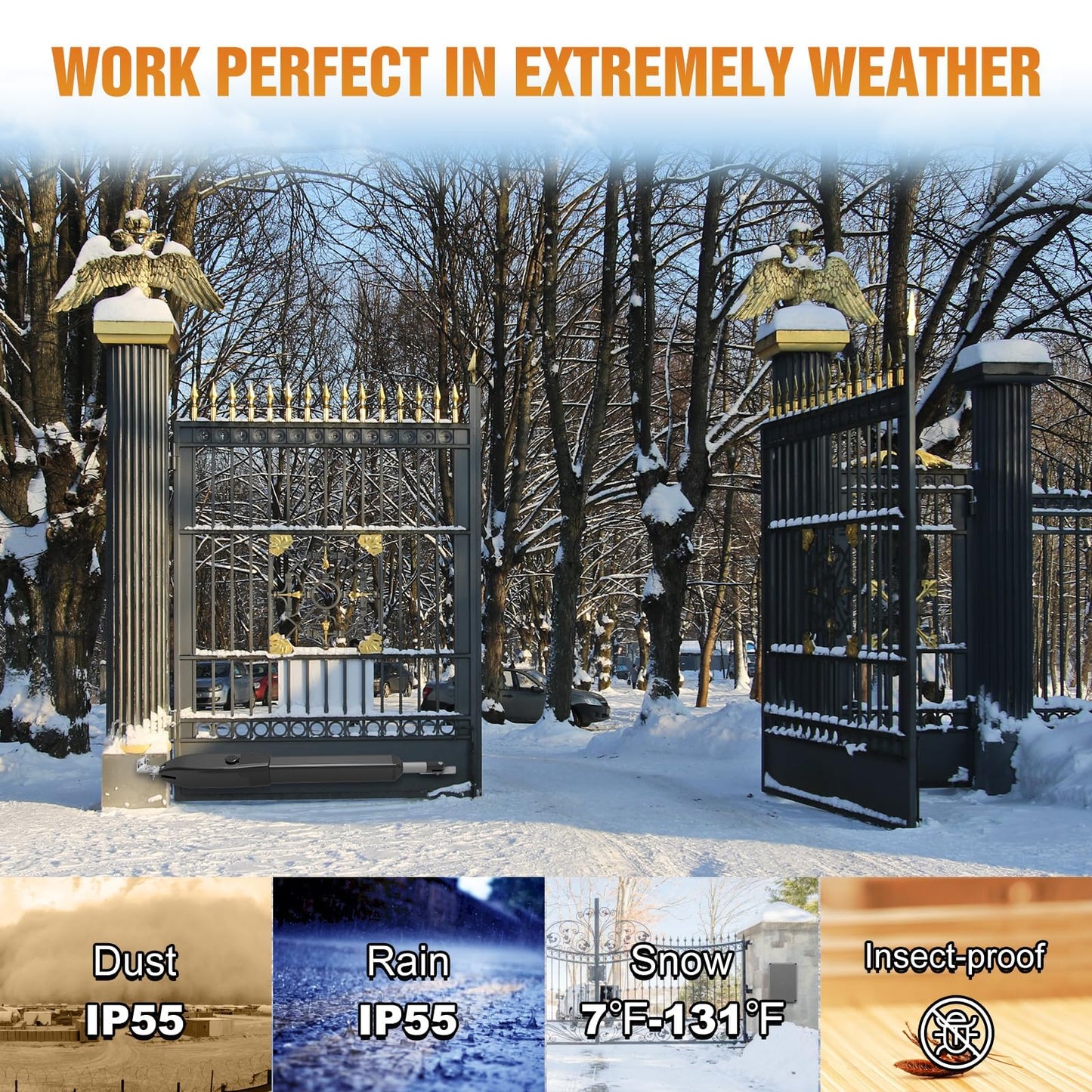 JUJIANG C026 Solar Gate Opener with Batteries & Solar Panel for Single Swing Gates Up to 770lb 16FT Automatic Gate Openers with Remote Complete Kit