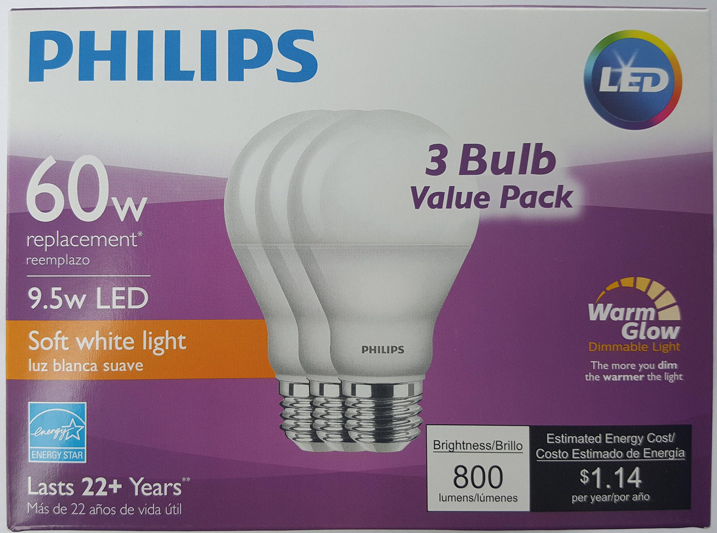 Philips 60 Watt Equivalent 9.5 Watts A19 LED Light Bulb, Dimmable, Warm Glow, Suitable for Damp Locations, 3-Pack