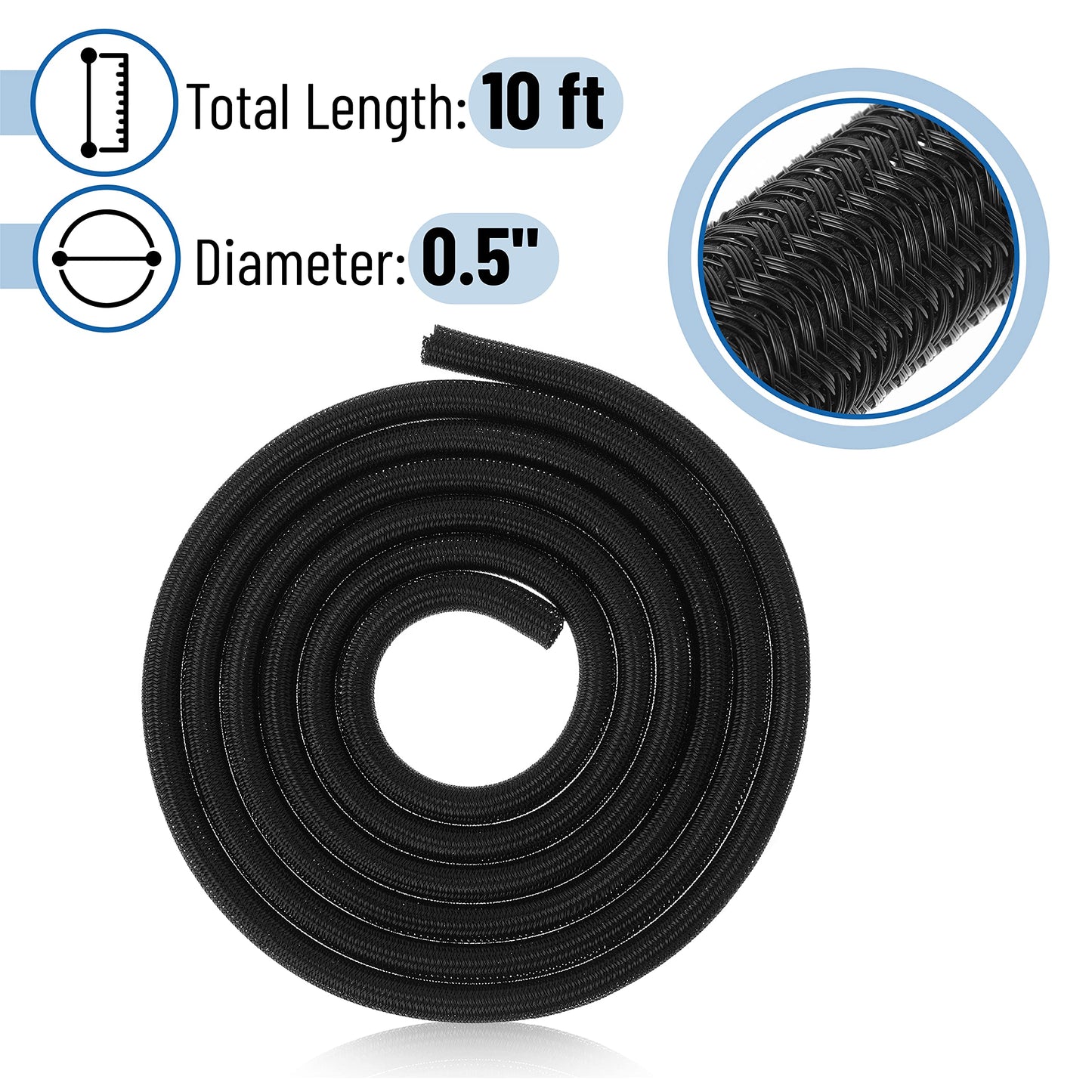 Bates 1/2 inch 10ft Long Cable Management Sleeve - Split Sleeve Wire Wrap, Secure Cord Protection