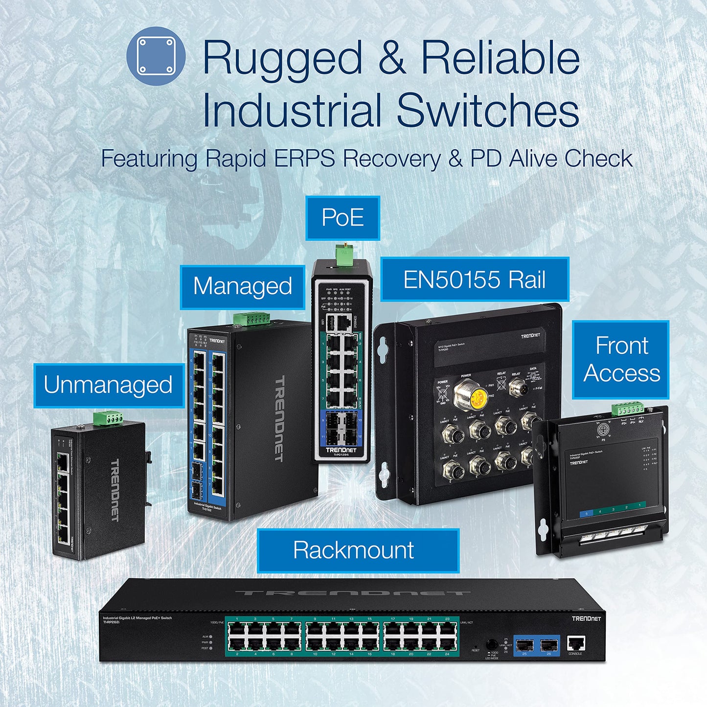 TRENDnet 7-Port Industrial Gigabit DIN-Rail Switch, TI-G62, 5 x Gigabit Ports, 2 x Gigabit SFP Ports, IP50 Weather Rated, 14Gbps, NDAA TAA Compliant