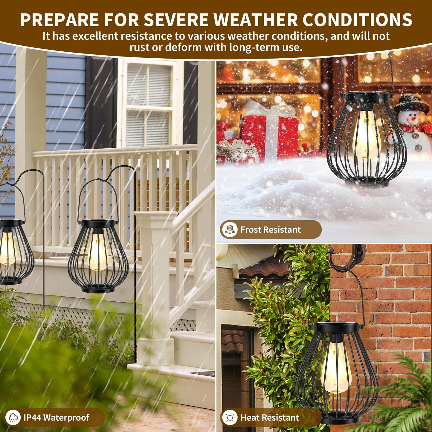 HPC Decor Outdoor Solar Lantern, 2PK Hanging Solar Powered Metal Light with Handle, Waterproof Wireless Warm Retro Bulb Design Lamp for Yard Garden
