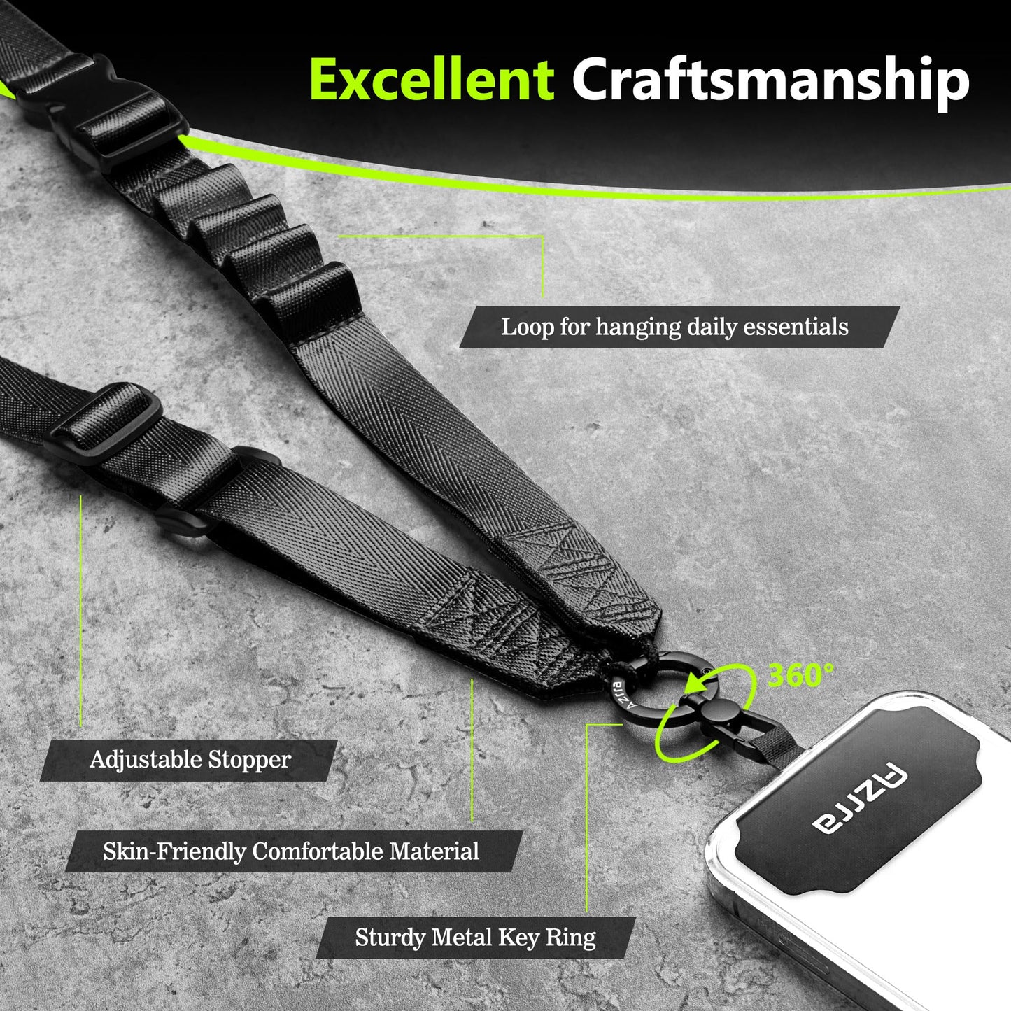 Azrra Phone Lanyard Crossbody, Cellphone Lanyard for Around the Neck, Adjustable Anti Theft Phone Strap, Black Crossbody Strap for iPhone Case, Keys