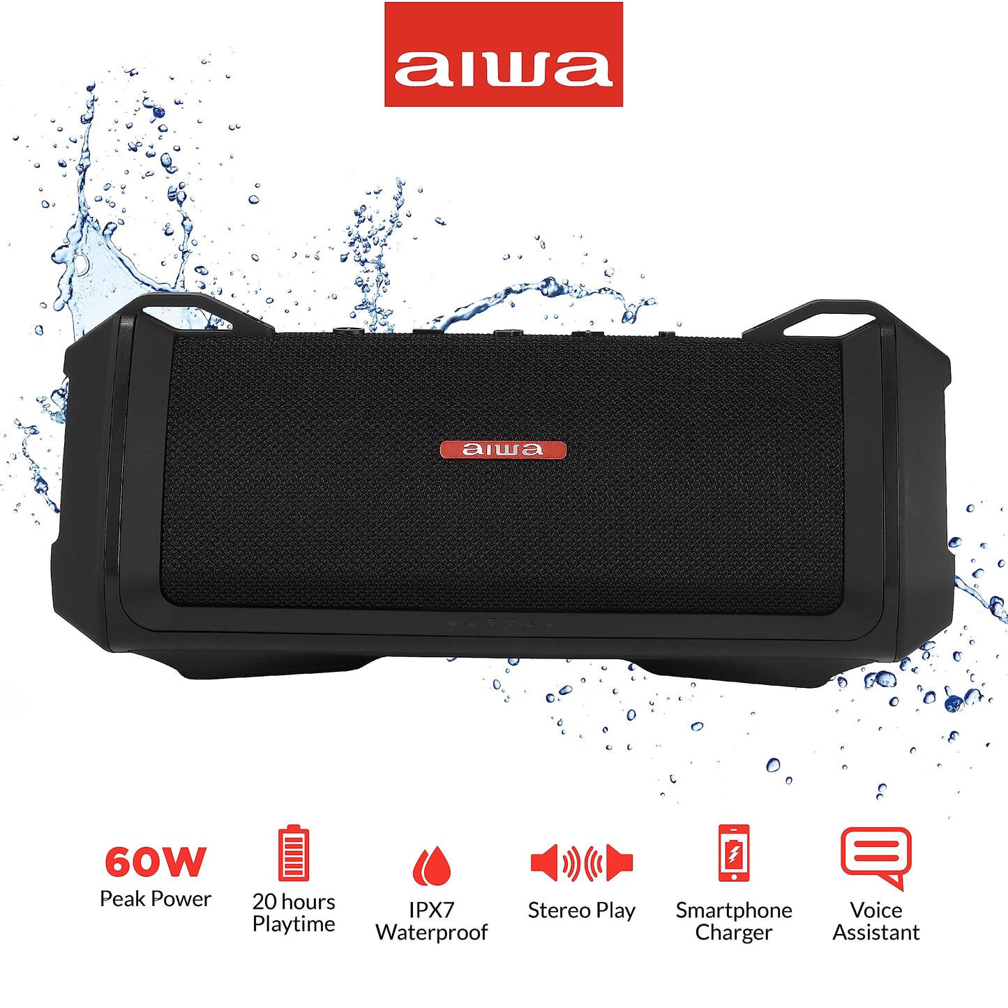 AIWA Exos-3 Waterproof Bluetooth Speaker, 60W Peak Power, 20-Hour Playtime, Stereo Sound, USB-C Charging, IPX7 Waterproof, Wireless Pairing, Perfect