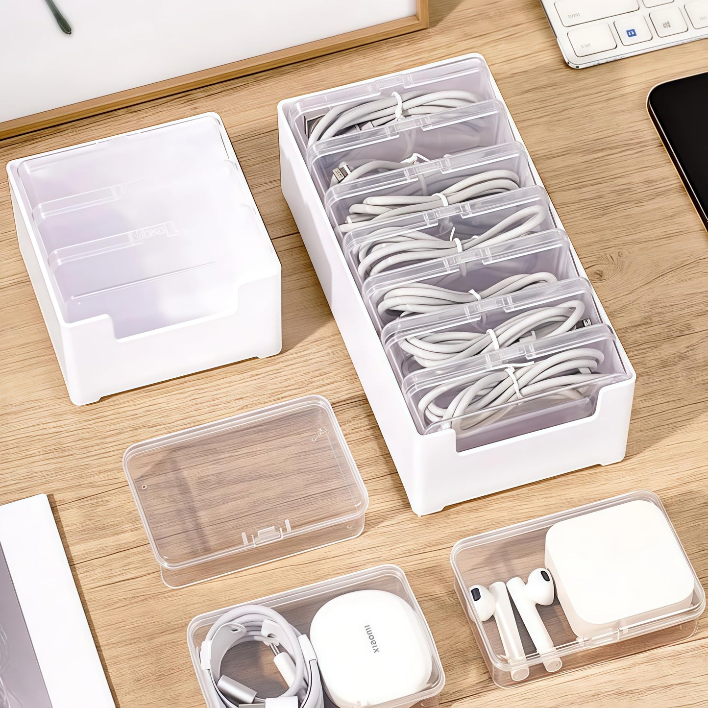7 Case Cable Storage Box with Cable Straps and Label Stickers, Travel Cord Organizer for Charging Cables, USB Wires, Earphones - Drawer Organization