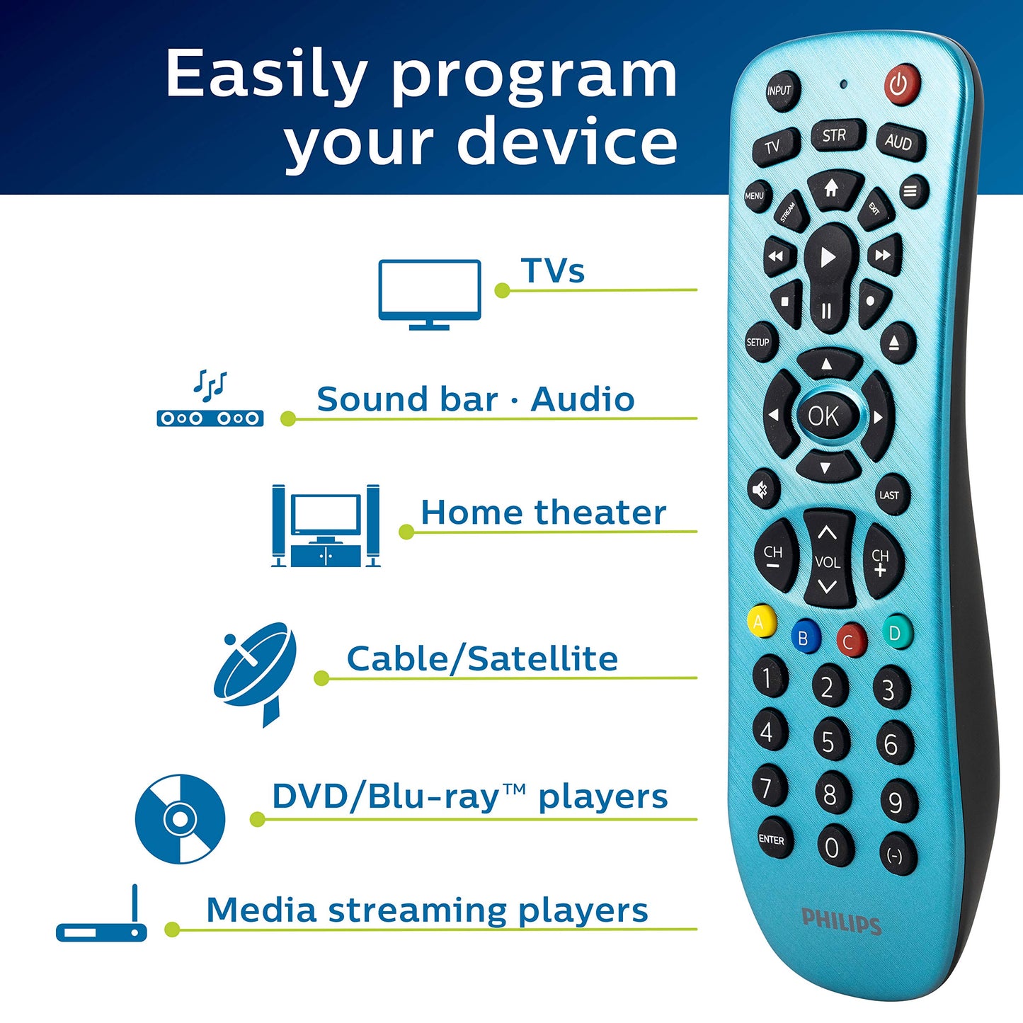 Philips Universal Remote Control Replacement for Samsung, Vizio, LG, Sony, Sharp, Roku, Apple TV, RCA, Panasonic, Smart TVs, Streaming Players