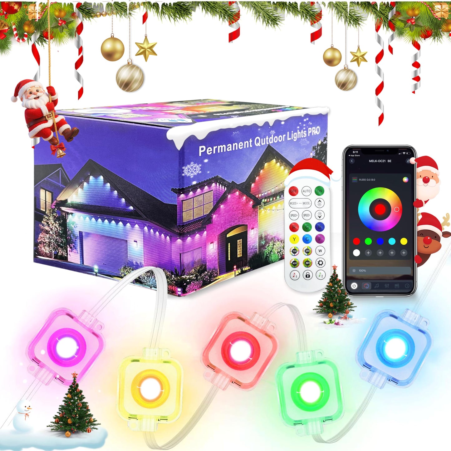 XSY CSZXINGSY 50ft Permanent Outdoor Lights Pro - RGB-IC Smart Lights IP68 Waterproof, Music Sync for House Roof, Christmas & Year-Round Decor(Similar