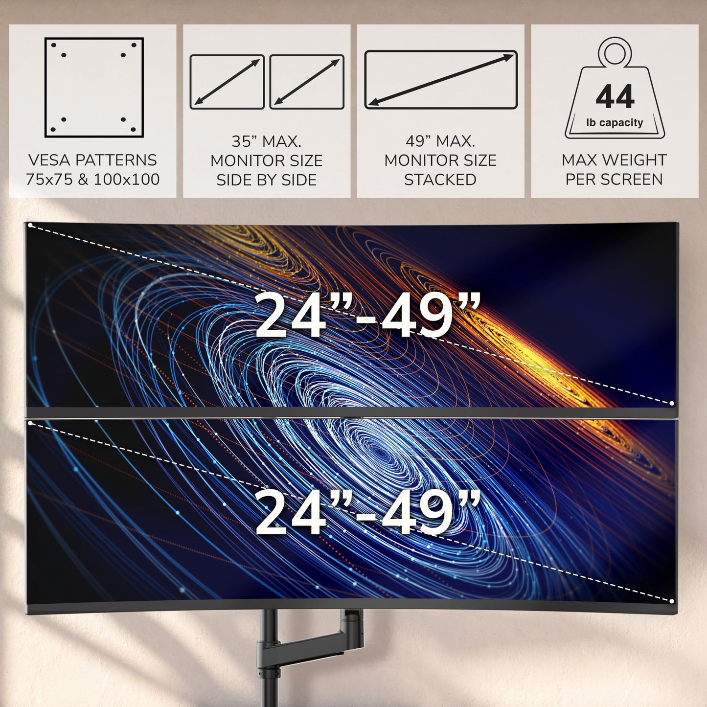 Mount-It! Dual Ultrawide Monitor Desk Mount for 17-49” Screens, Height-Adjustable Stacking Arms with Pole, Heavy Duty Gas Spring, Full Motion, VESA