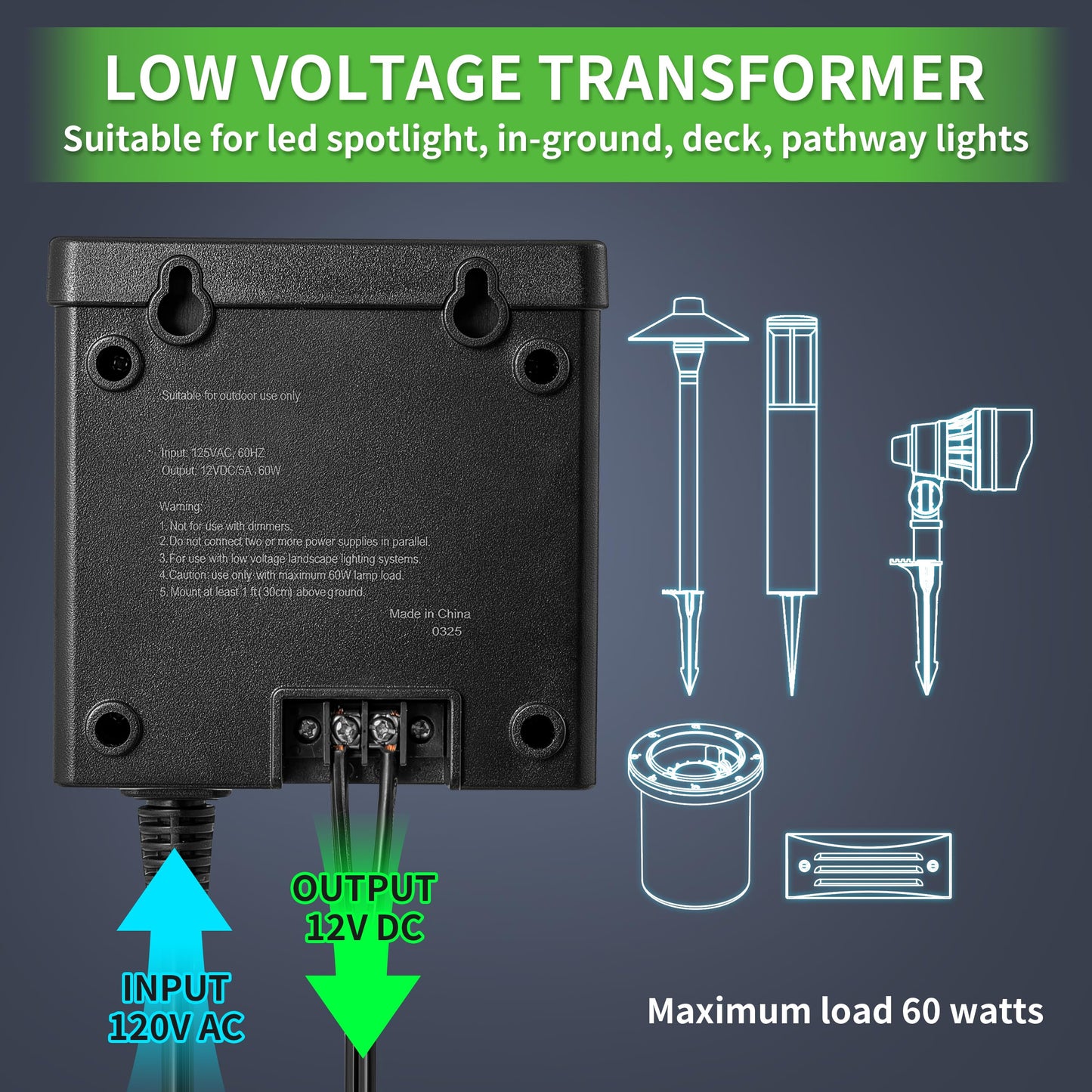QITIM 60W Low Voltage Landscape Transformer with Timer and Photocell Sensor, 120V AC to 12V DC, Dusk to Dawn and 2/4/6/8/10 Countdown Timer