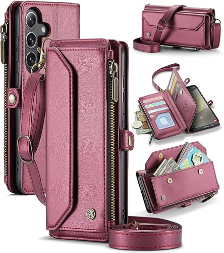 COVO for Samsung S24 Case with RFID Blocking for Samsung Galaxy S24 Wallet Case for Women Men, PU Leather Magnetic Flip Strap Zipper Card Holder Phone