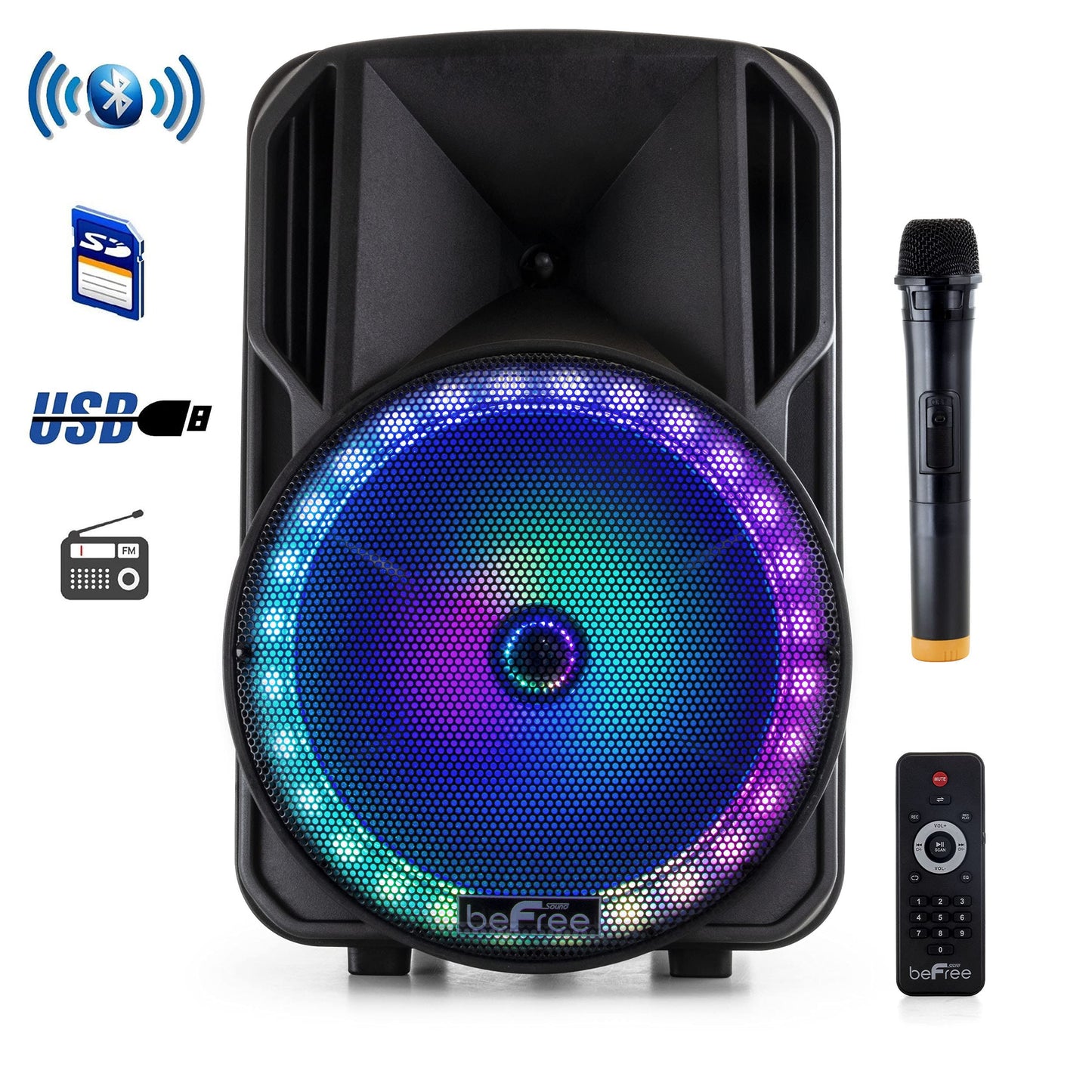 beFree Sound 12 Inch Bluetooth Rechargeable Portable PA Party Speaker with Reactive LED Lights Black