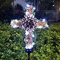 COOZZYHOUR 38inch Cross Garden Solar Lights Outdoor Decorative - Solar Metal&Glass Cross Apricot Hydrangea Flower Stake Lights- Waterproof 20 White