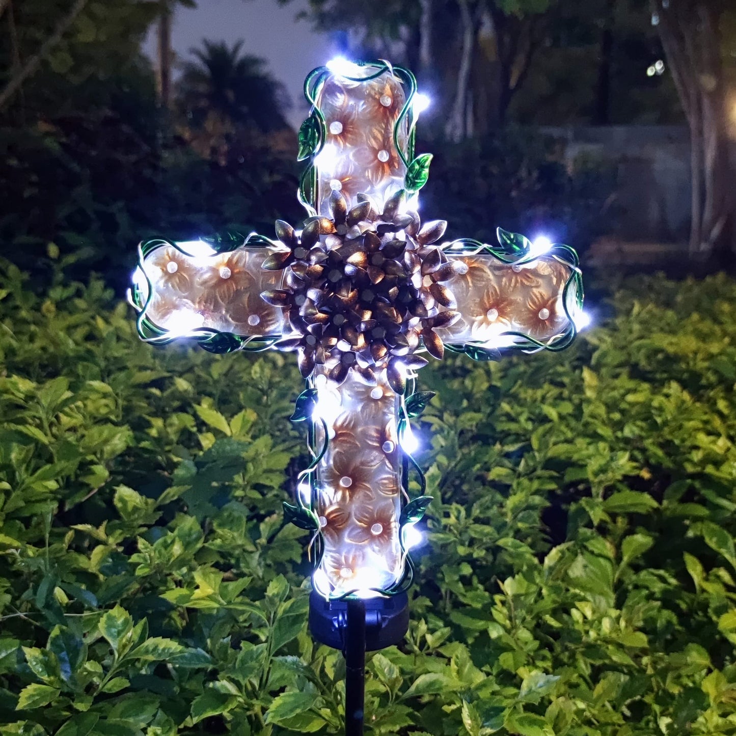 COOZZYHOUR 38inch Cross Garden Solar Lights Outdoor Decorative - Solar Metal&Glass Cross Apricot Hydrangea Flower Stake Lights- Waterproof 20 White