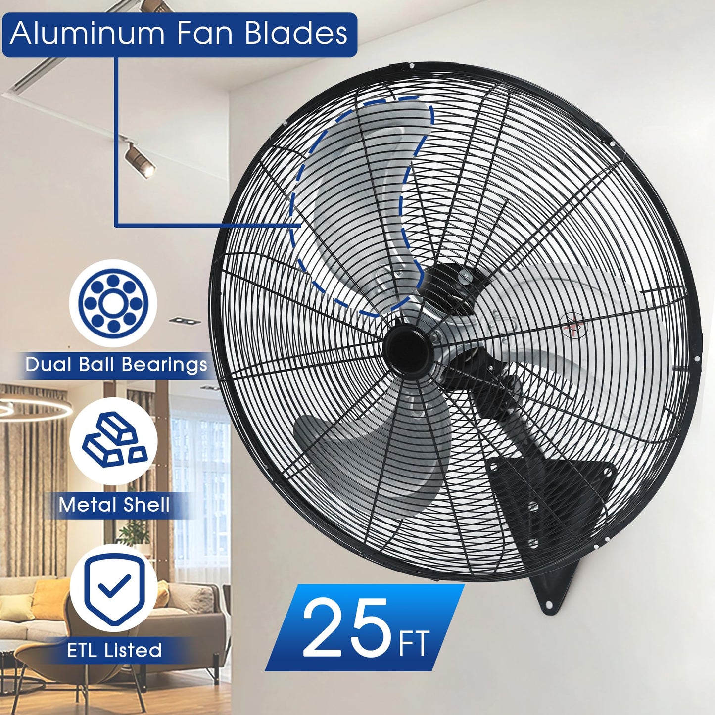 TMYWTRS 24" Wall Mount Fan, 120° Oscillating Fan and High Velocity 3 Speed Wall Fans, 8500 CFM Industrial Outdoor Wall Fans for Commercial, Garage