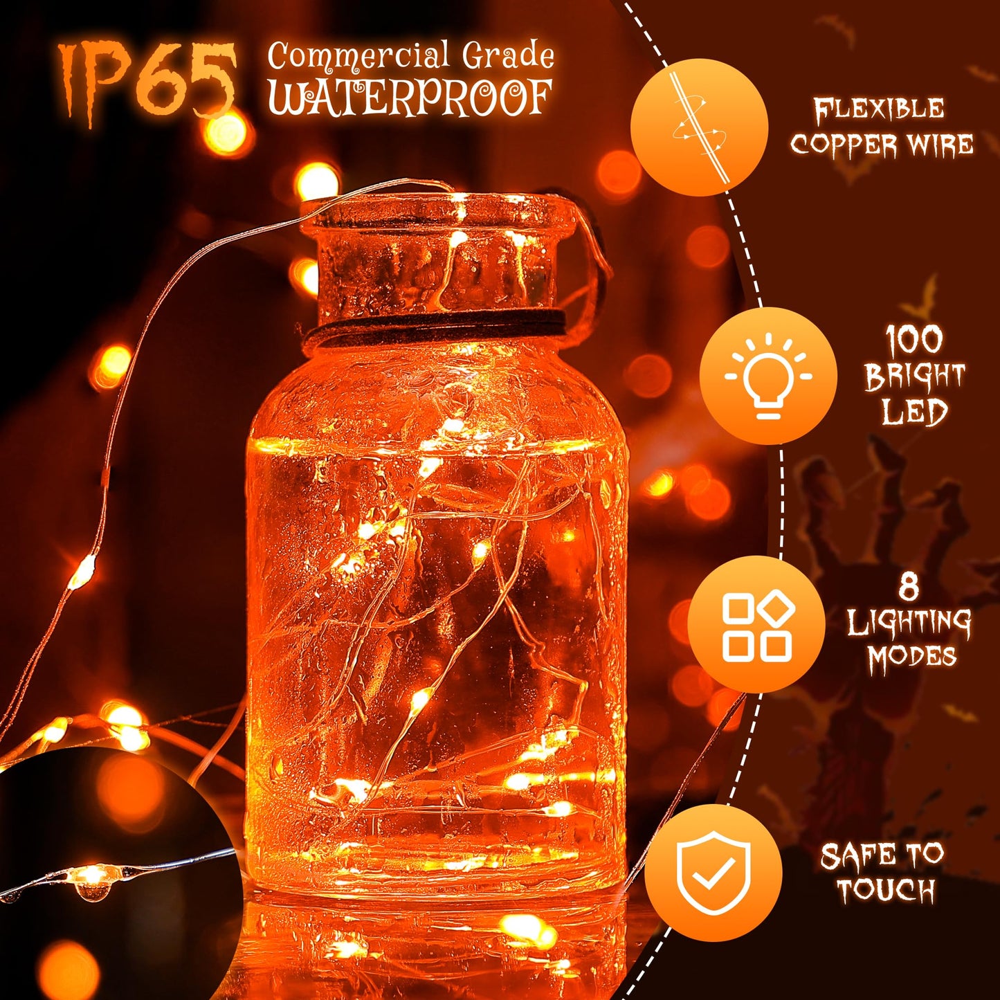 ?oohaha Solar Halloween Lights Outdoor,2 Pack Each 33Ft 100LED Orange Halloween Lights,Copper Wire Solar Powered Fairy String Lights 8 Modes