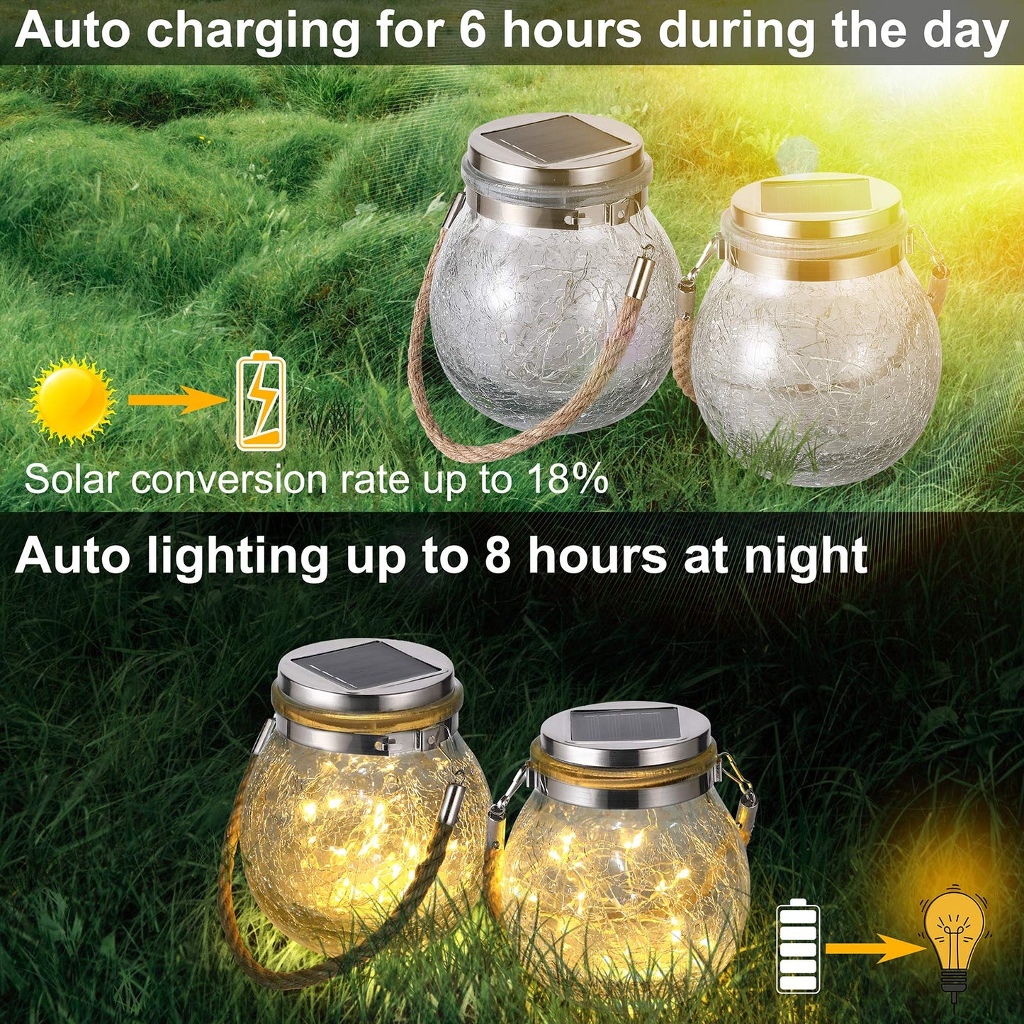 ivSunTEK Solar Hanging Lanterns Outdoor Waterproof, Decorative Cracked Glass Jar Table Lamp with 30 LED Warm White Lights for Garden Tree Courtyard