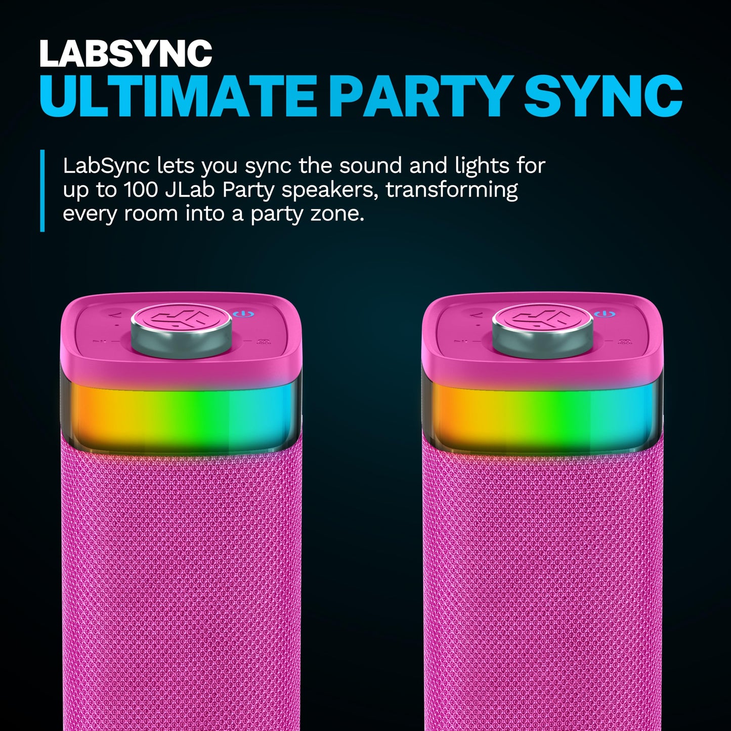 JLab JBuds Party Portable Bluetooth Speaker, 2 Full-Range Drivers + 2 Passive Woofers, IP56 Waterproof, 12 Hours Playtime, Connect Multiple Speakers
