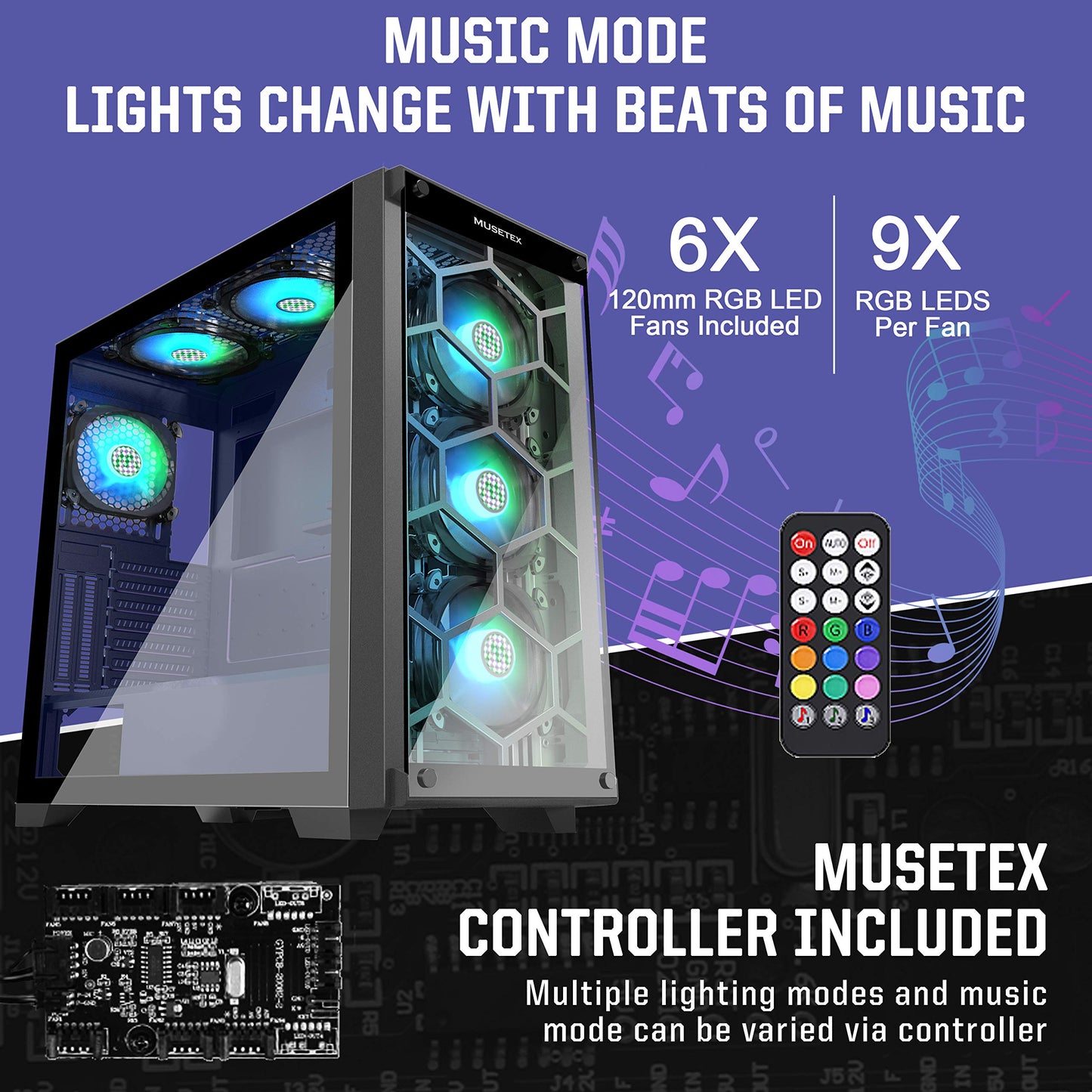 MUSETEX 6 ARGB Fans Honeycomb Airflow 2 × USB 3.0 Mid Tower Case with 2 Tempered Glass Panels Voice Remote Control, PC Gaming Case Computer Chassis