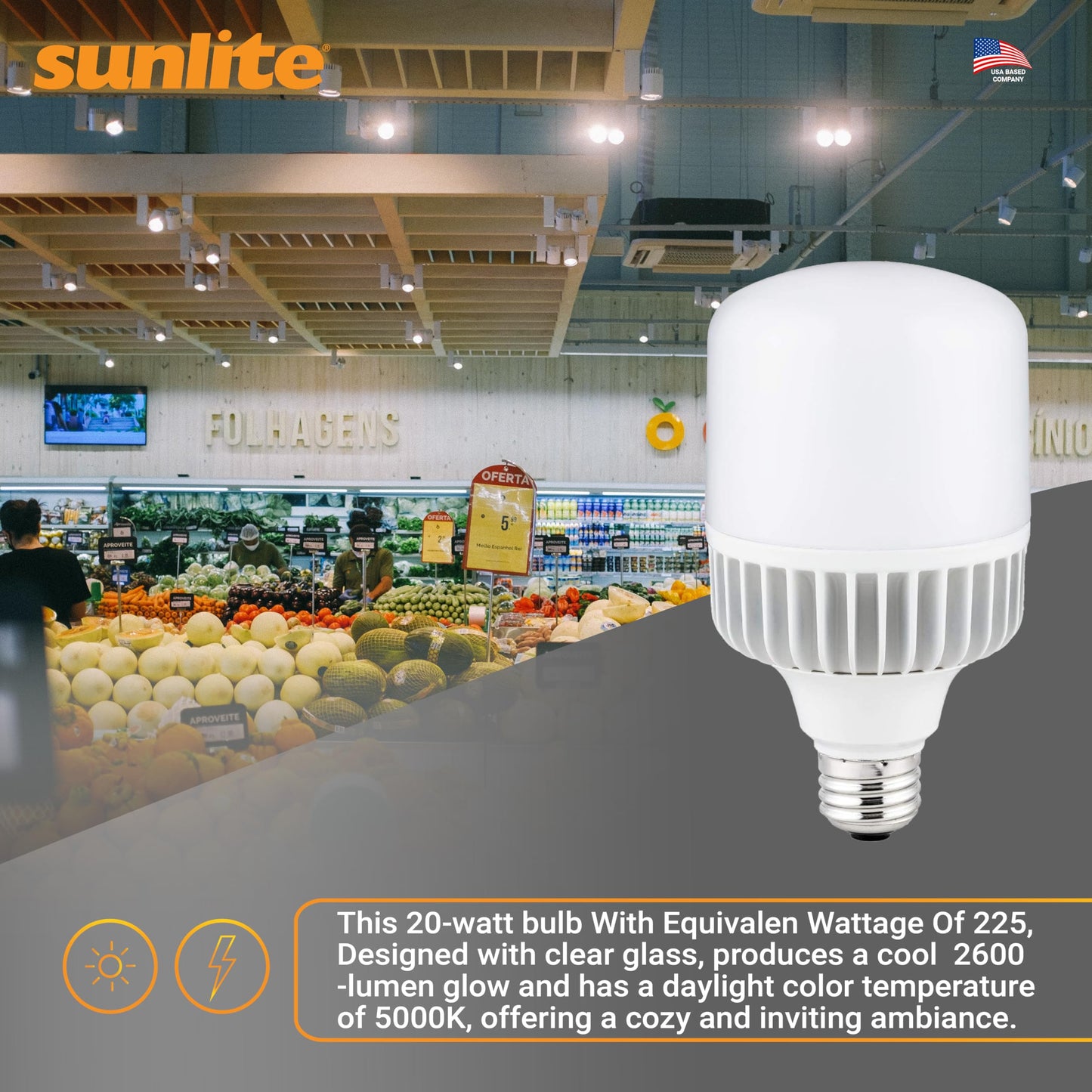 Sunlite LED T32 High Lumen Corn Light Bulb, 20 Watts (225W Equivalent), 2600 Lumens, Medium E26 Base, 120-277 Multi Volt, Non-Dimmable, 5000K