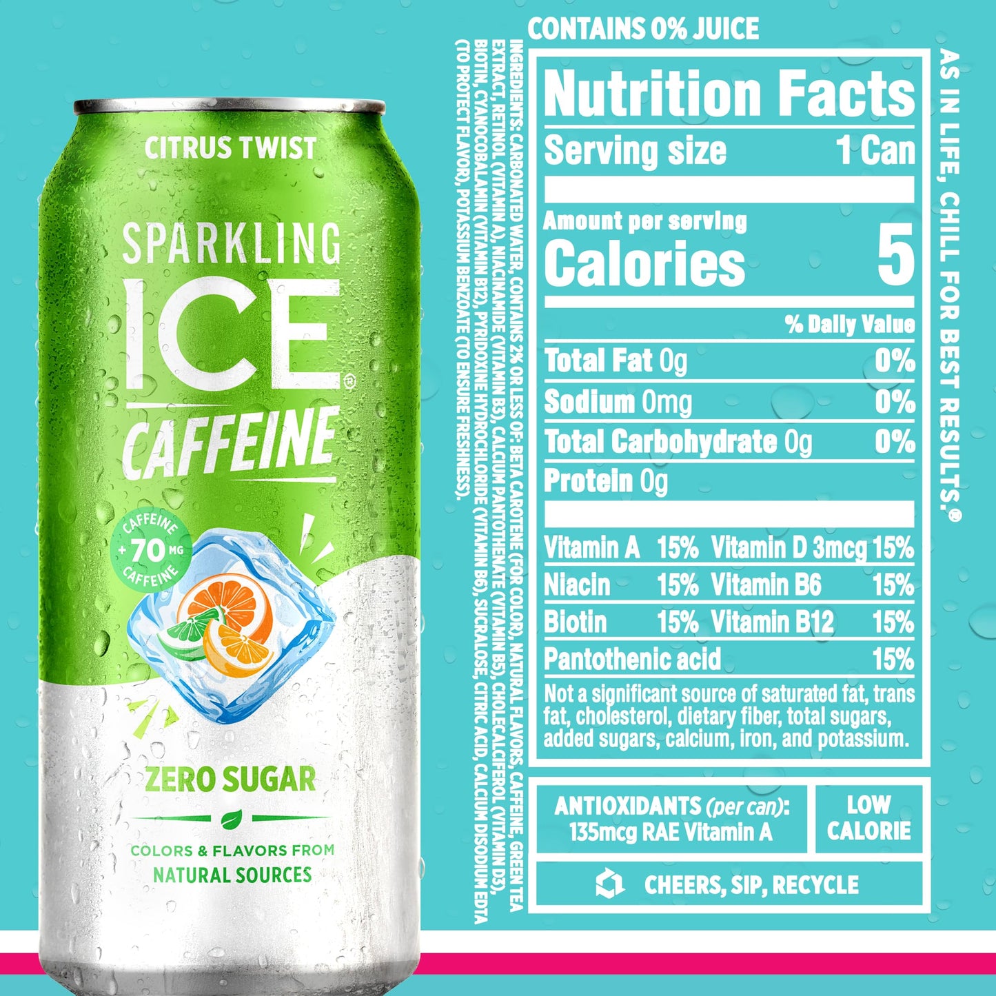 Sparkling Ice Caffeine Variety Pack, Flavored Sparkling Water, Zero Sugar, with Vitamins and Antioxidants, 16 fl oz, 12 count (Citrus Twist, Black Raspberry, Blue Raspberry, Strawberry Citrus)