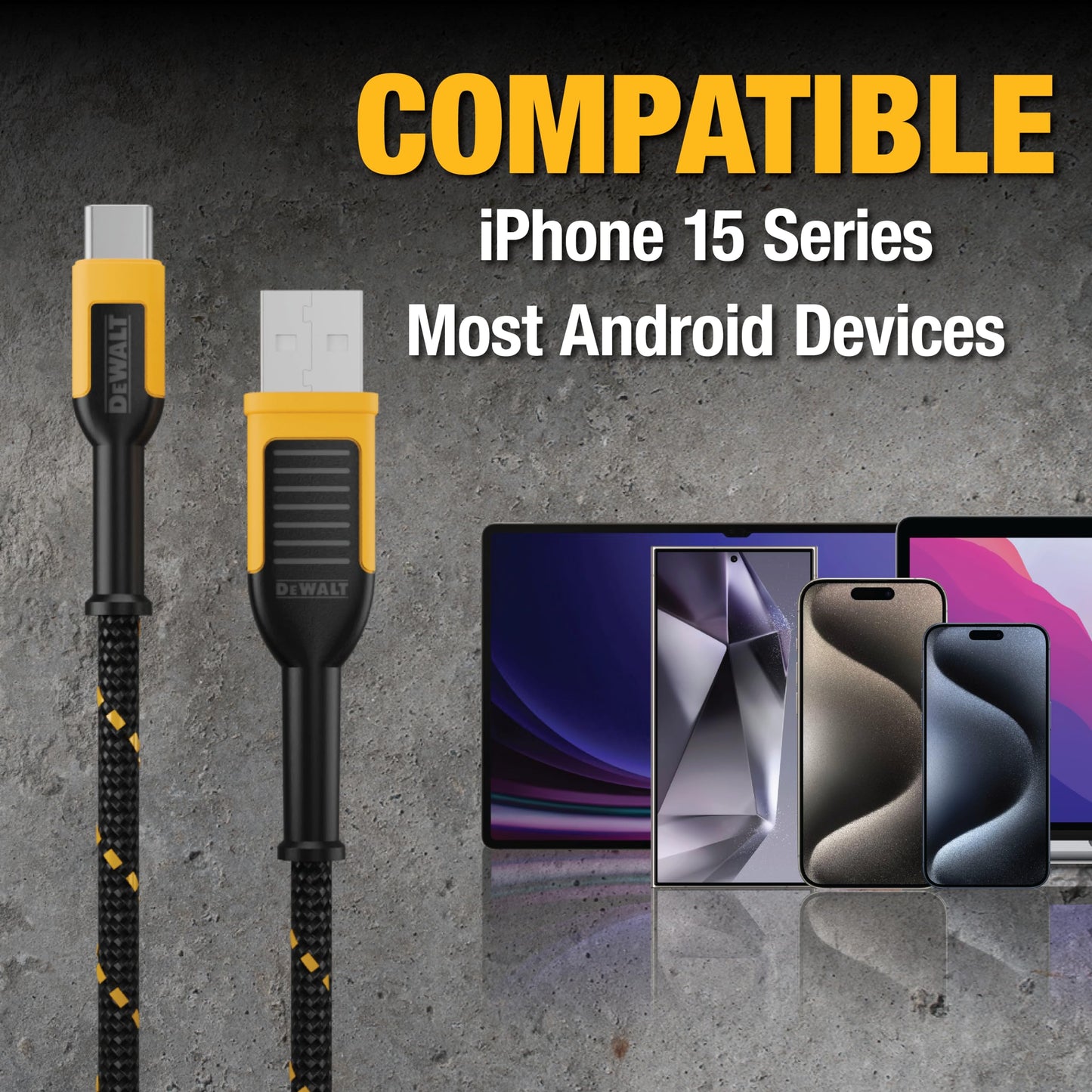 DEWALT Heavy Duty USB C Cable, Premium Braided Nylon USB A to Type C Charger Cable Fast Charging for iPhone 17/16/15 Series, Samsung Galaxy S10 S10+