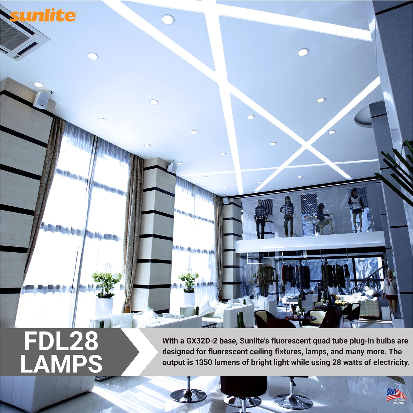 Sunlite FDL28 Fluorescent Quad Tube Plug-in Bulb, 28 Watt, 10,000 Hour Life Span, GX32D-3 Base, 1350 Lumens, for Fluorescent Ceiling Fixtures, Lamps