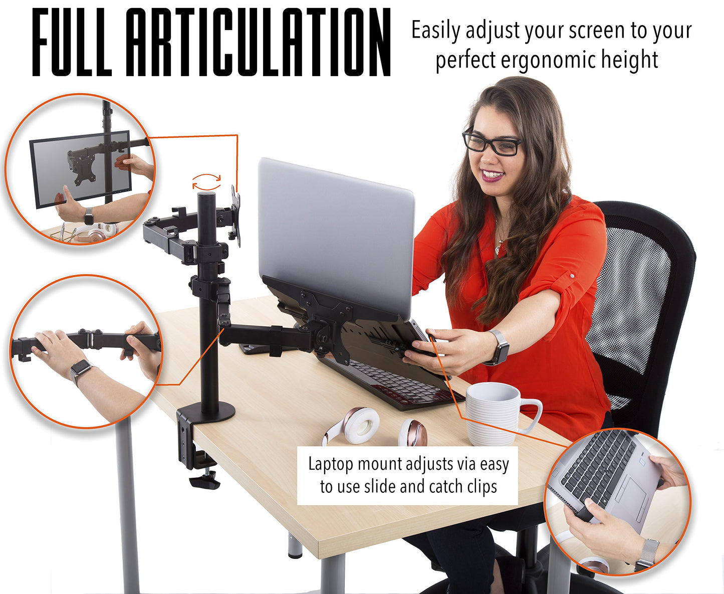 Stand Steady Monitor Mount + Laptop Stand | Height Adjustable Monitor and Keyboard Stand with Full Articulation and Desk Clamp Or Grommet | VESA Mount