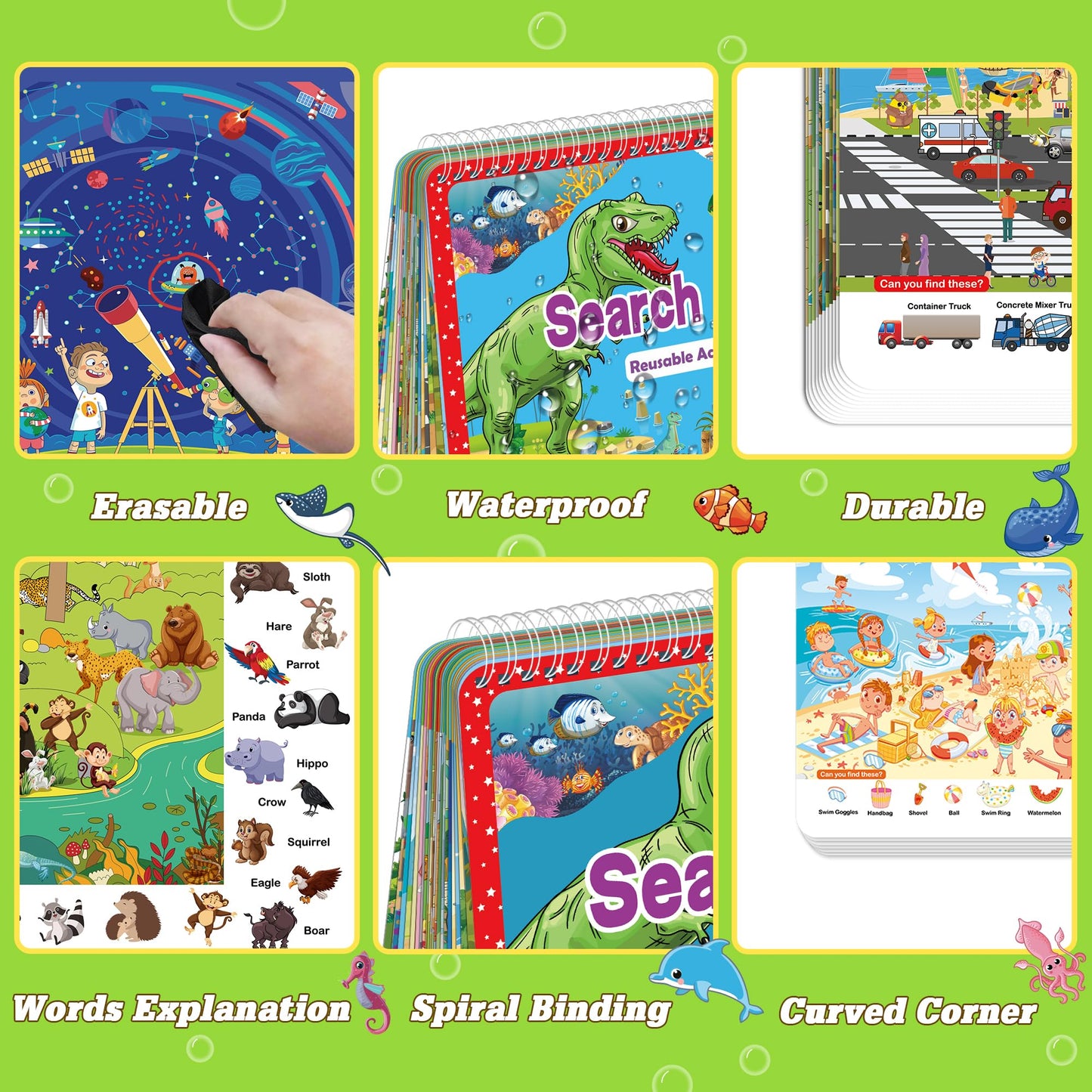 Elfew Search & Find Book for Kids Ages 3–8 – Reusable Activity Mats with 24 Themed Activities, Educational Toddler Learning & Car Toys