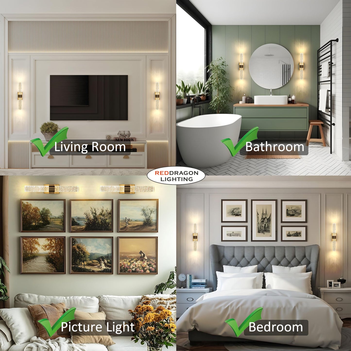 Cordless Rechargeable Crystal Wall Sconces Battery Operated Set of 2 | Brushed Gold Crystal Wall Lights Battery Sconces Wall Decor Picture Light
