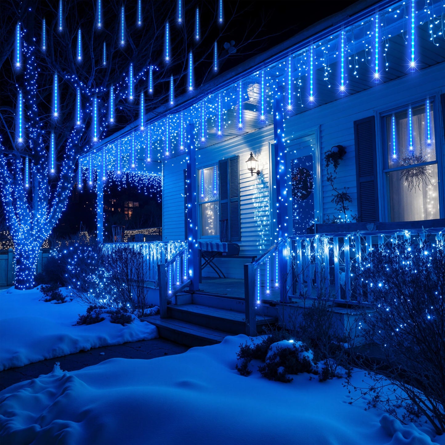 JOYIN Christmas Lights Outdoor,8 Tubes Meteor Shower Lights Blue,192 LEDs, Snowfall Icicle Cascading Rain Light for Christmas Tree Decorations