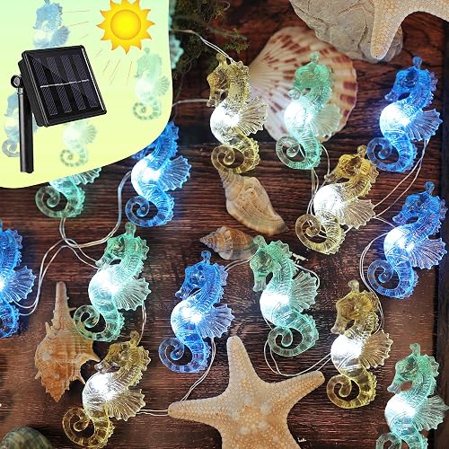 Solar String Lights Seahorse Outdoor Decorative Fairy Solar Light for Outside Garden Decor Waterproof Ocean Nautical Sea life Ocean Balcony Patio