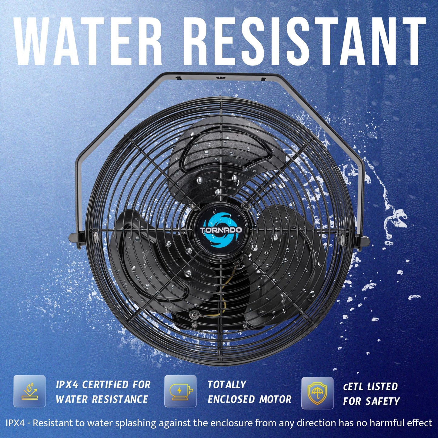 Tornado 12 Inch Outdoor Water-Resistant Metal Industrial Wall Mounted Fan IPX4 Rated High Velocity Wall Fan For Commercial, Industrial, Residential, 3