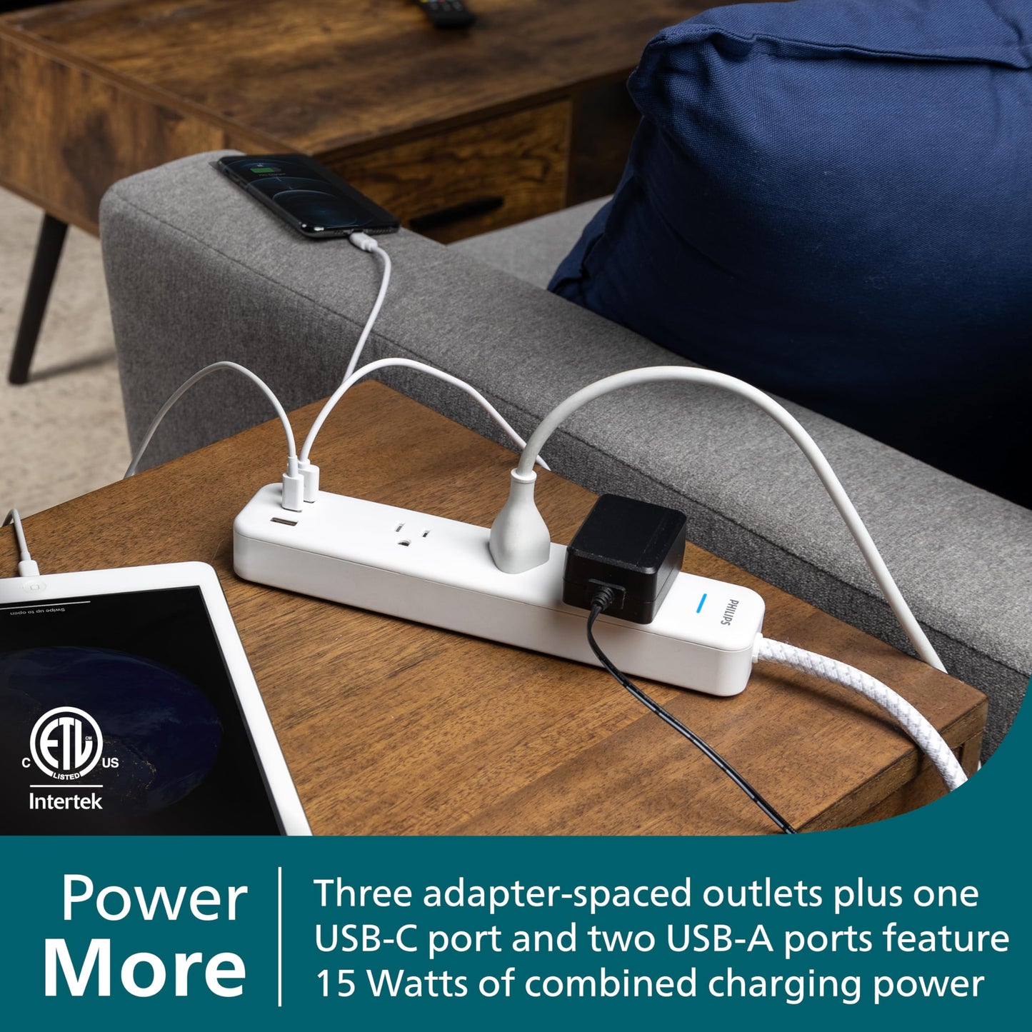 Philips EZFit 3-Outlet Adapter-Spaced Surge Protector, 6ft Braided Cord, Power Strip, Extension Cord with 2 USB-A and 1 USB-C, 490J, White