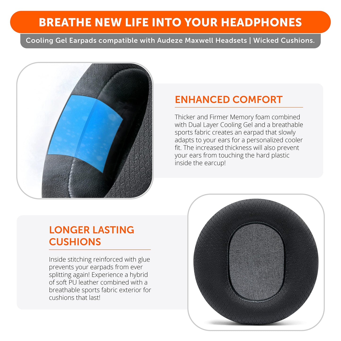 WC Freeze Maxwell - Cooling Gel Replacement Earpads for Audeze Maxwell Headphones by Wicked Cushions - Elevate Comfort, Durability, Thickness & Sound