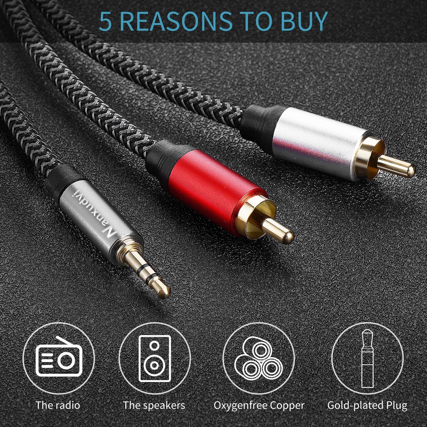 Nanxudyj 3.5mm to 2RCA Audio Cable 15ft Aux to RCA Y Splitter with Metal Shell | Case-Friendly Nylon Braided Cord for Stereo Receiver, Amplifier, Home
