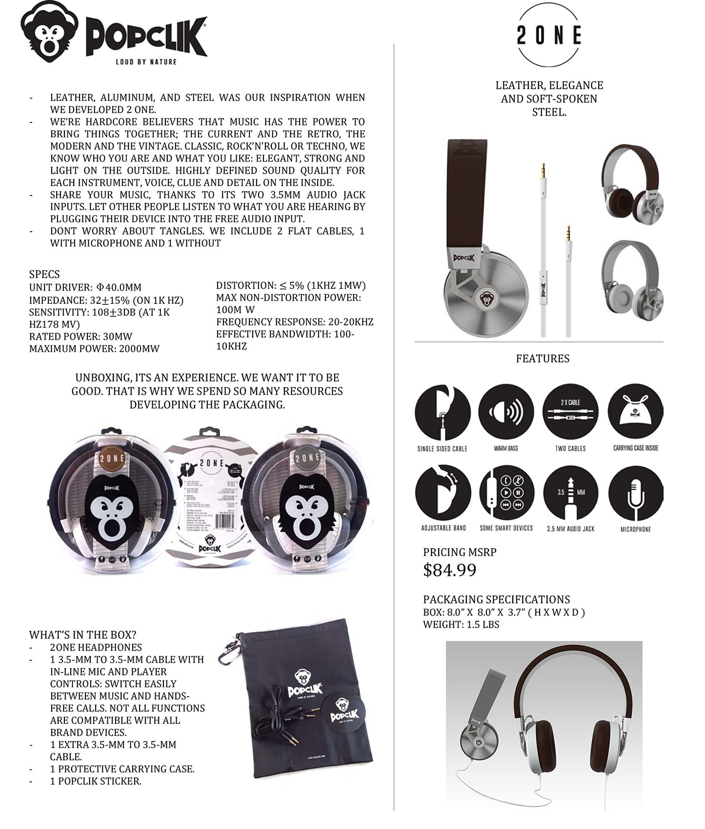 PopClik 2 ONE Headphones Gray/White Leather Elegance and Soft-Spoken Steel 40 mm Neodymium Magnet Driver Over The Ear