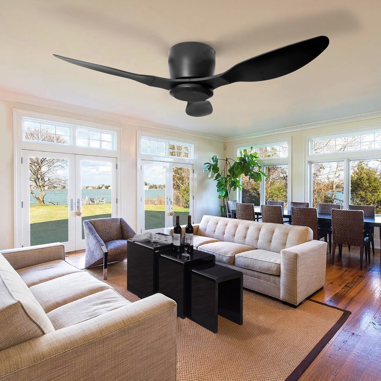 Wanze of ocean 42 Inch Ceiling Fan No Light, Flush Mount Black Ceiling Fan with Remote, 6 Wind Speeds, Reversible DC Motor, Low Profile Ceiling Fans