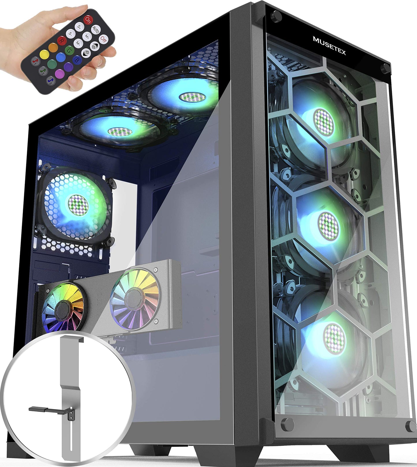 MUSETEX 6 ARGB Fans Honeycomb Airflow 2 × USB 3.0 Mid Tower Case with 2 Tempered Glass Panels Voice Remote Control, PC Gaming Case Computer Chassis
