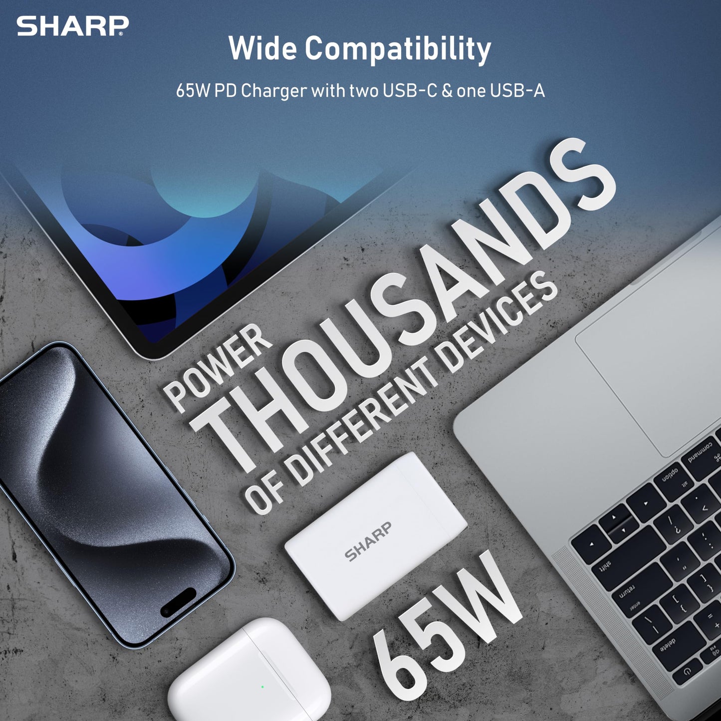 Sharp USB C Charger, 65W, 3 Port (USB 1A+2C), Compact Foldable GaN Fast Charge for MacBook Pro/Air, iPad Pro, Galaxy S23, Dell XPS 13, Note 20/10+